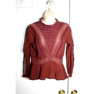 Free People New Romantics Maroon High Neck Lace Inset Sweater sz XS